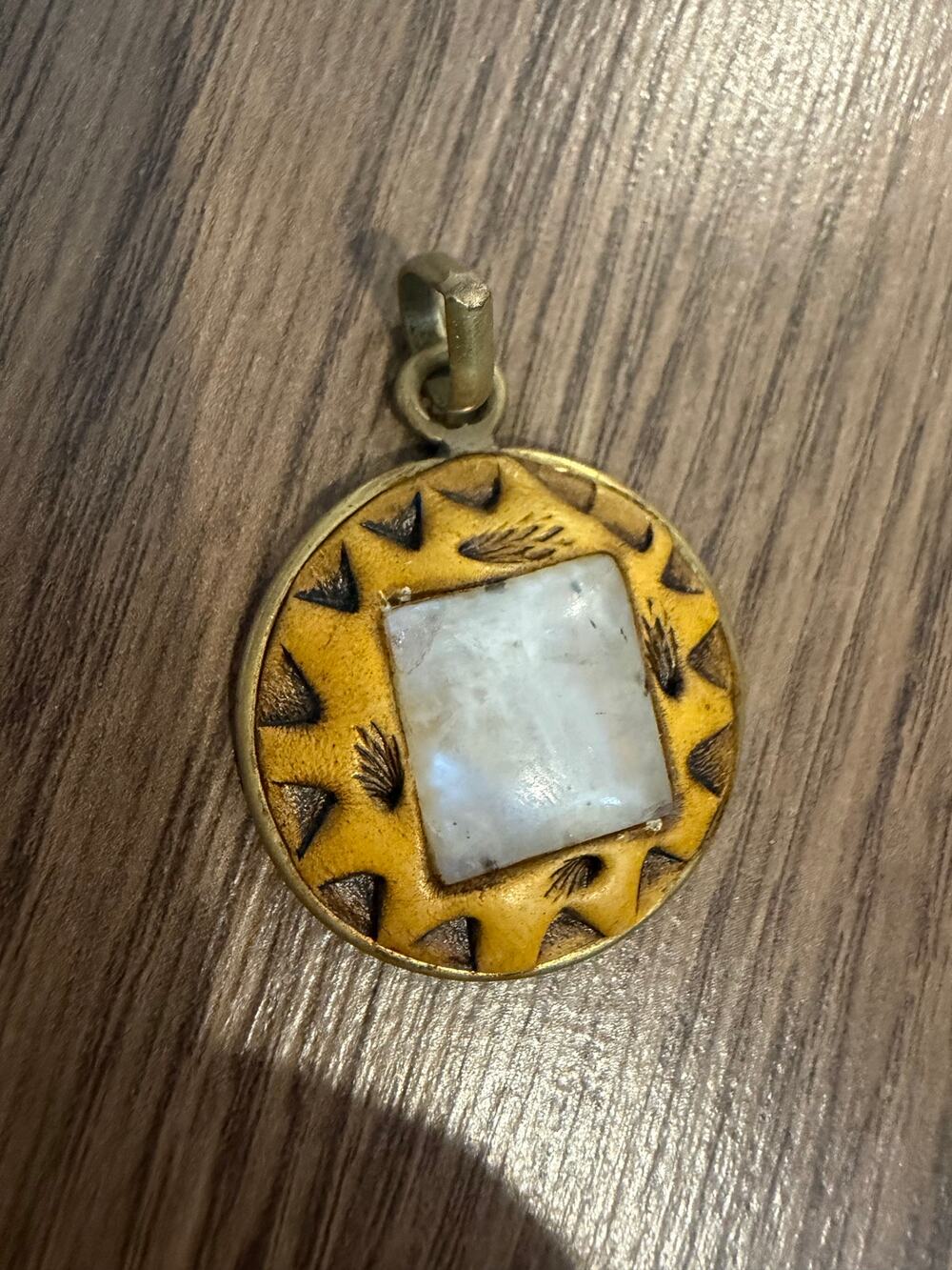 Vintage Mixed Media Pendant Geometric Rainbow Moonstone Cabochon